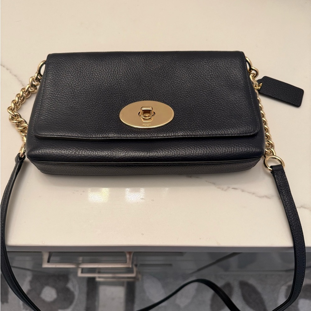 Coach dark blue Leather Shoulder Bag gold bag